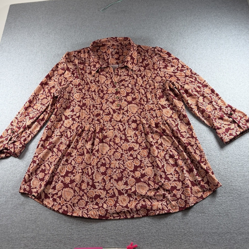 Kim Rogers Blouse Womens XL Burgundy Floral Boho Henley Button Up 3/4 Sleeve